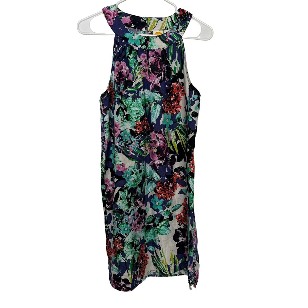 C&C California Women's‎ Medium Linen Halter Dress Purple Green Floral Tropical